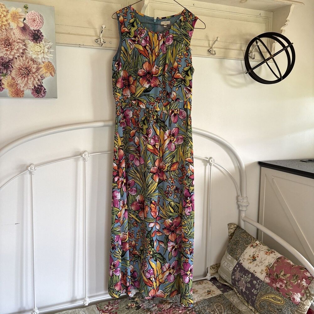 Beachy Floral Tropical Coastal Resort Dress Talbots 8P petites Maxi
